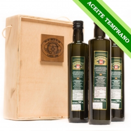 ACEITE TEMPRANO - Estuche madera 3 botellas de cristal de 0,5L aceite de oliva virgen extra